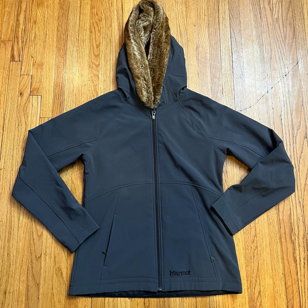 Marmot Coat Womens Medium Hooded Zip Up Soft shell Jacket Faux Fur Hood Gray